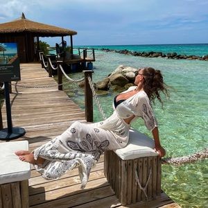 ASOS Ivory, White & Black Swim Maxi Coverup With Cut Outs